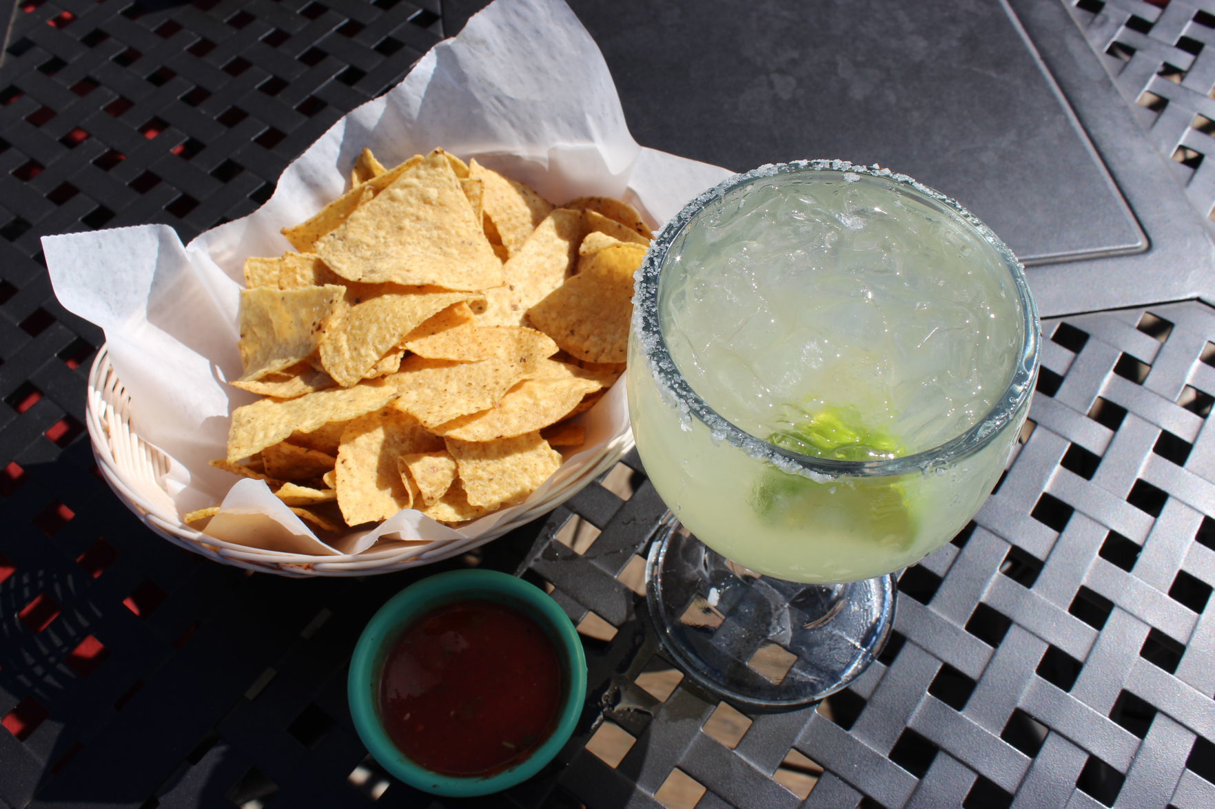 Chips and salsa with 16 oz Cadillac Margarita with Grand Marnier house mix, fresh lime juice, tequila and salt mixed together. .JPG